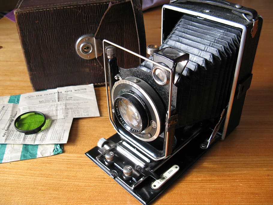 black, land camera, green, lens, cover, brown, wooden, board, old camera, camera