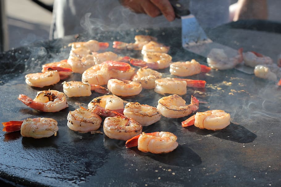 fried, shrimps, gray, metal pan, shrimp, cooking, food, sea, seafood, restaurant