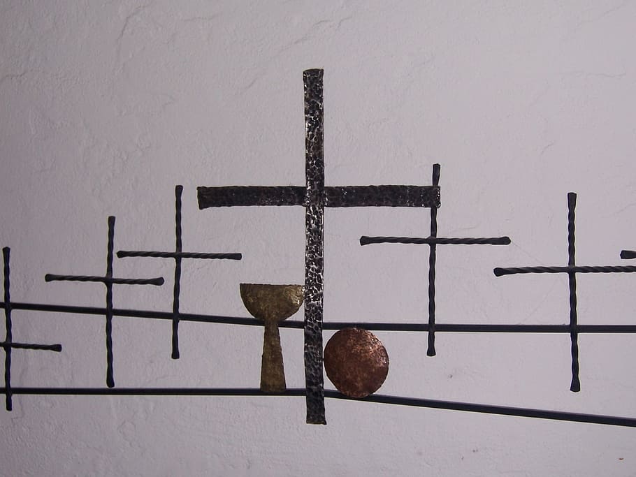 cinza, metal, cruz, decoração da parede, símbolo, cristã, cristianismo, religião, tapeçaria, comunhão