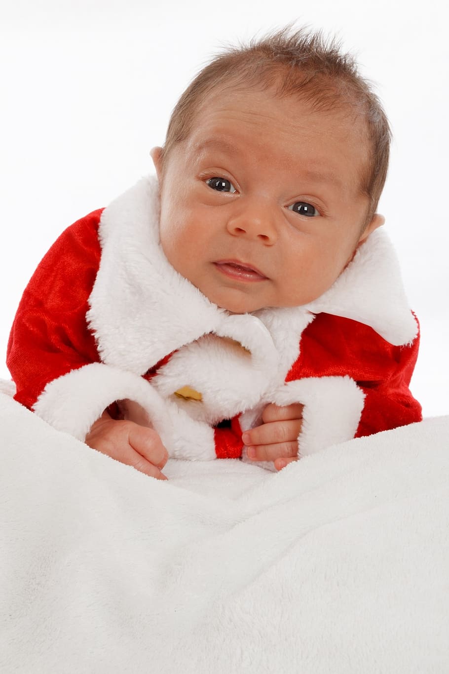 bebê, vestindo, fantasia de papai noel, branco, têxtil, adorável, celebração, criança, natal, papai noel