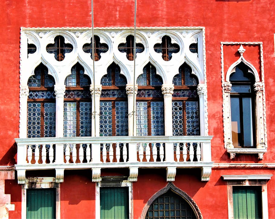 Venesia, arsitektur, fasad, balkon, bangunan, jendela, gothic, warna, merah, dinding