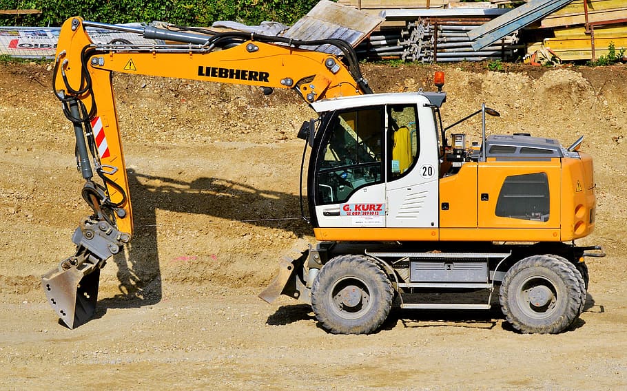 yellow, white, excavator, excavators, construction machine, shovel, work machine, construction work, backhoe bucket, site