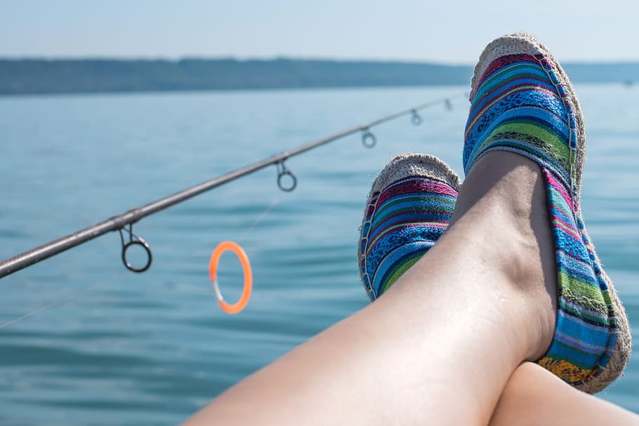 pasangan, sepatu biru-merah muda, memancing, peca, pemancing, pancing, harapan, garis, indikator gigitan, danau