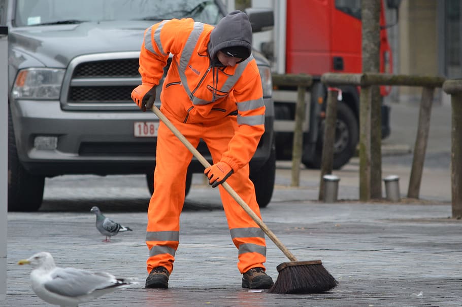 man, sweeping, road, pigeons, vehicle, orange, brush, wagner, cleaning, people