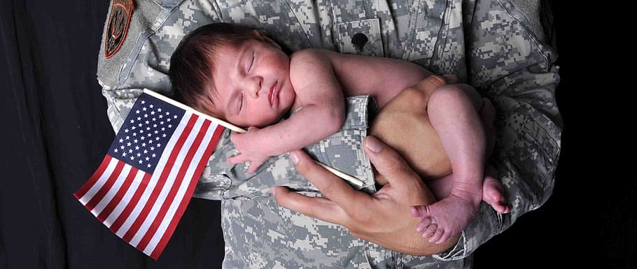 soldado, carregando, bebê, bandeira, recém-nascido, crianças, fotografia, estúdio, américa, safty