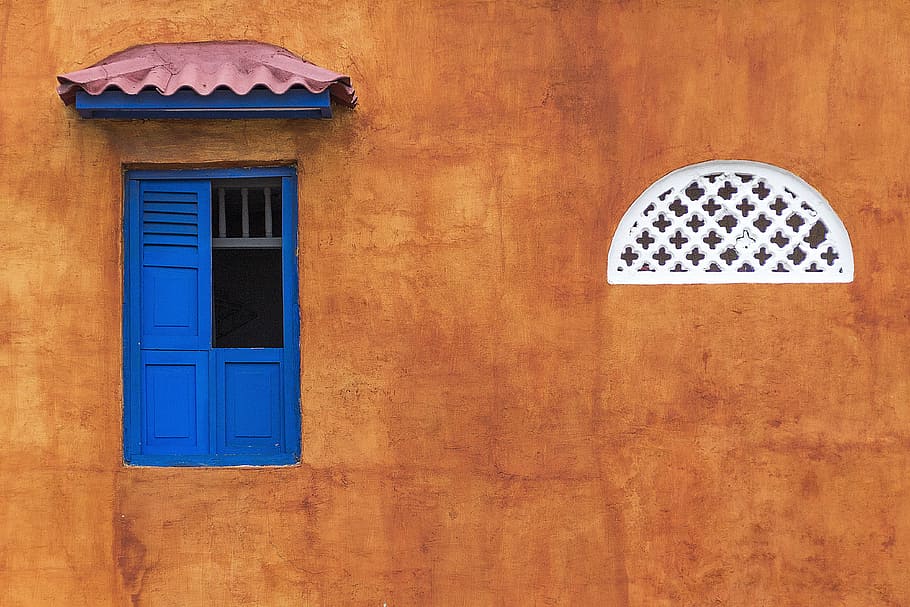 marrón, pintado, pared, azul, ventana, edificio, colonial, persianas, arquitectura, urbano