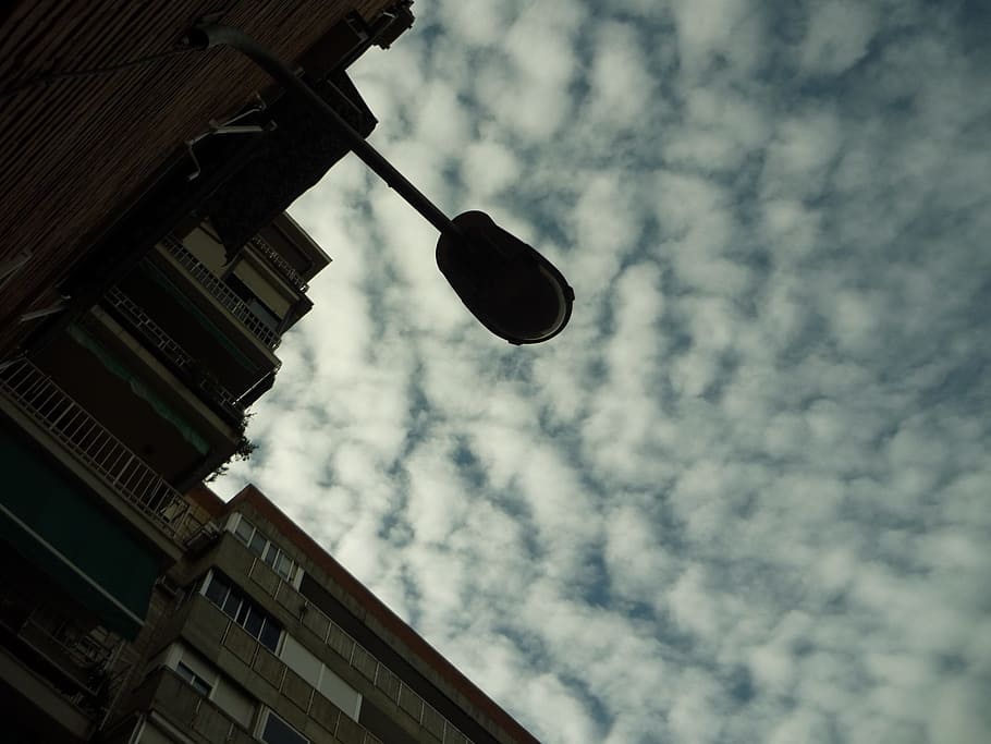 Street Lamp, Arm, Luminary, Clouds, sky, contrast, city, buildings, housing, cloudy