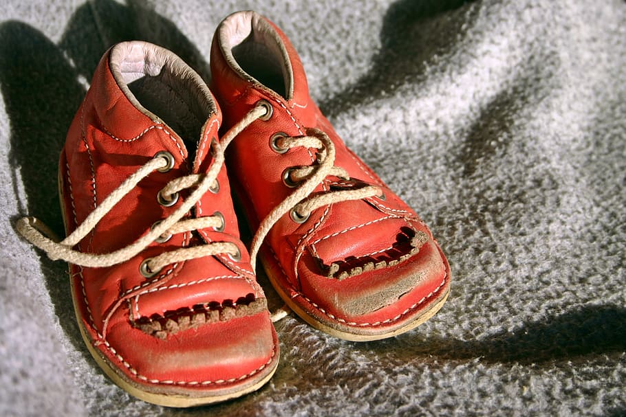 pair, toddler, red, shoes, top, gray, textile, children's shoe, child's shoe, old