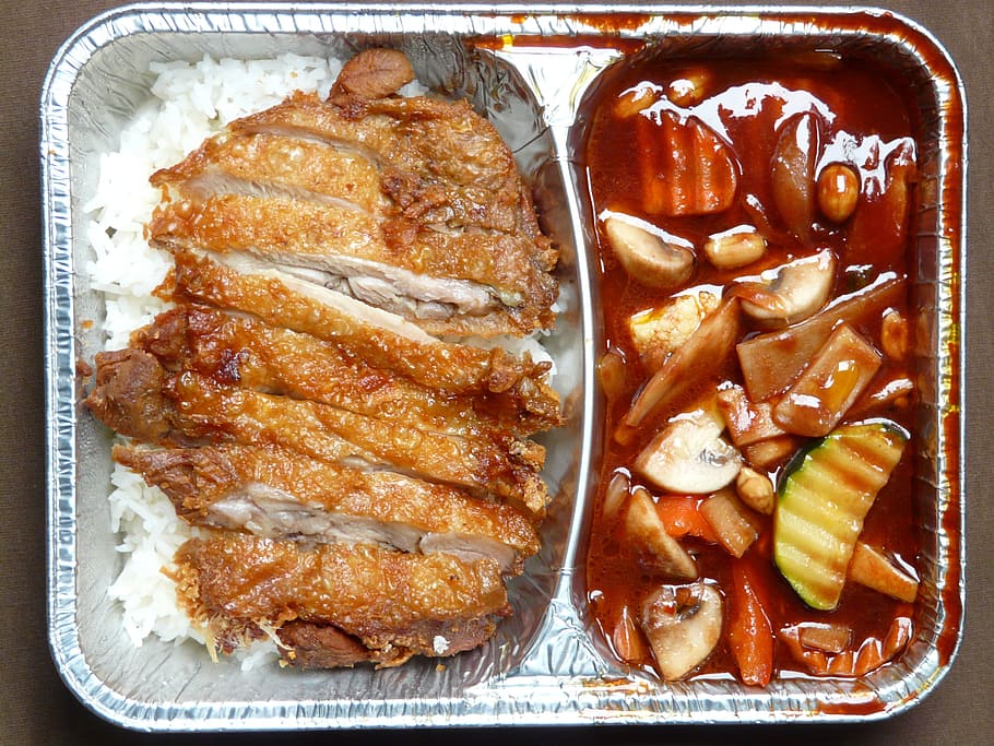 sliced, chicken, rice, vegetables, Fast Food, Junk Food, Snack, Eat, roasted duck, sauce