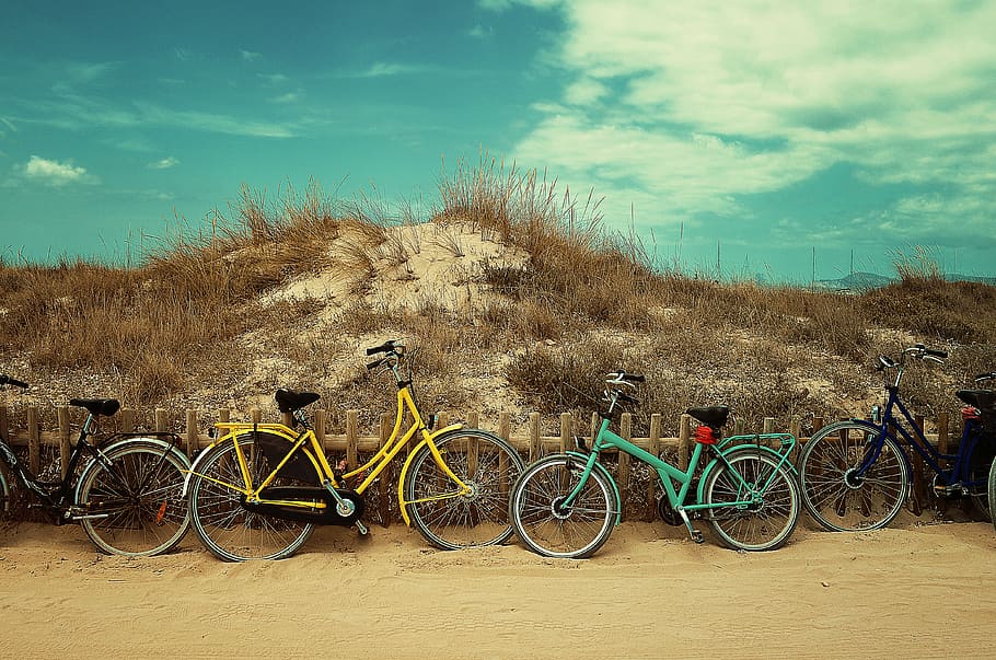 quatro, bicicletas de cores sortidas, estacionado, ao lado, de madeira, cerca, marrom, grama, cidade, bicicletas