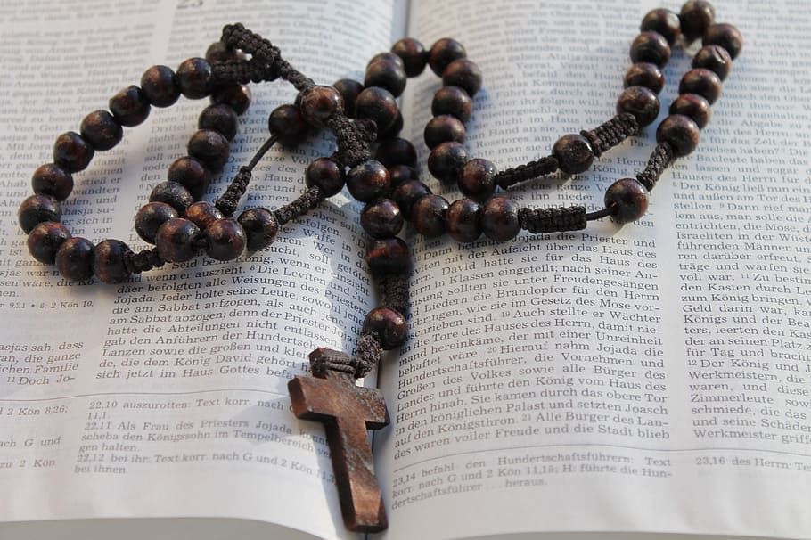 brown, rosary, opened, bible, book, cross, christianity, the holy book, religion, god