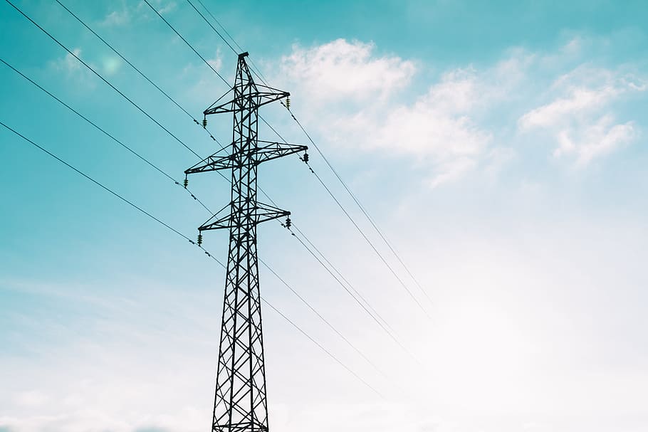 transmission tower, cable, distribution, electrical, electricity, energy, environment, high, line, low angle shot