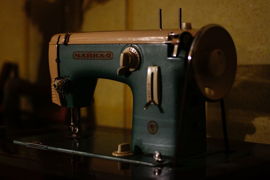 blue, white, sewing machine, beige, sewing, machine, hard, case, reflection, indoors