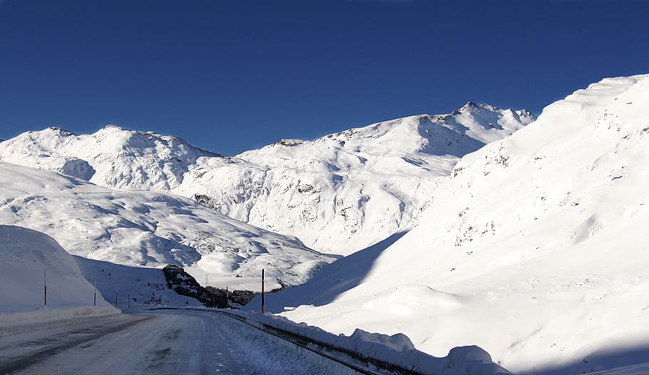 snow, covered, concrete, road, mountains, daytime, mountain, glacier, ice, mountain summit