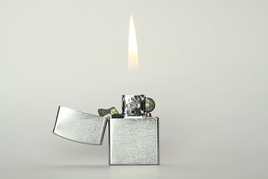 gray lighted flip-lighter, fire, lighter, the flame, firefox, flame, studio shot, burning, indoors, gray background