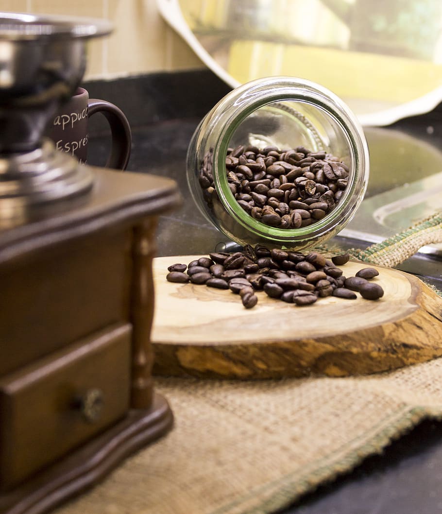 coffee, seed, coffee seeds, brown, cappuccino, espresso, coffee grinders, chopping board, wood, tree
