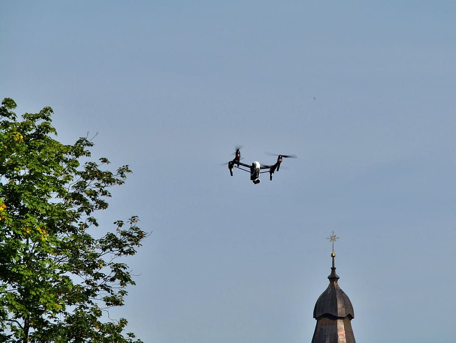 drone, steeple, cross, sky, blue, tree, leaves, remotely controlled, technology, flying