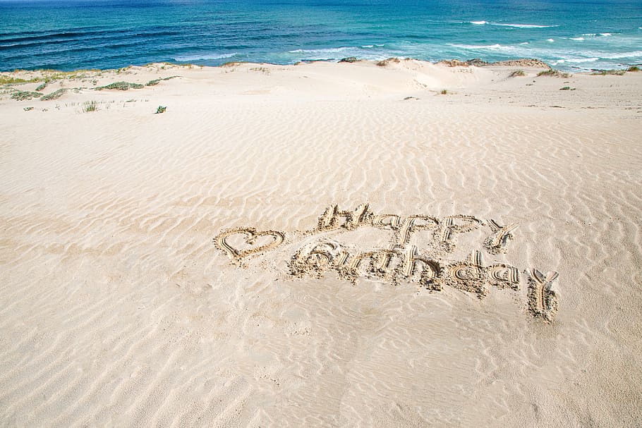 feliz aniversário, aniversário, saudação, mapa, cartão de aniversário, presente, coração, praia, areia, mar