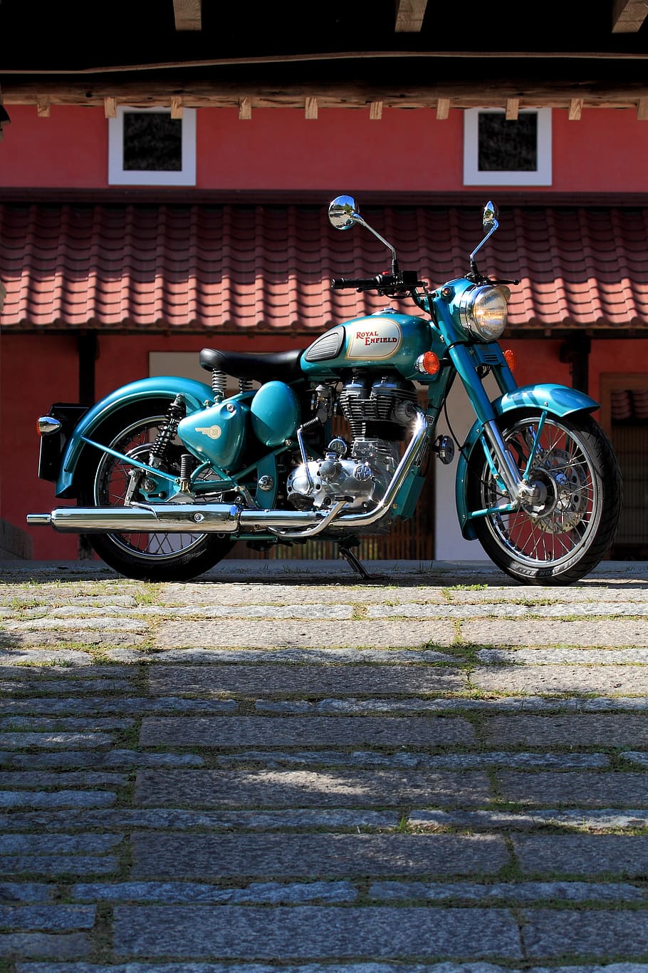 estacionado, azul, negro, motocicleta de crucero, bicicleta, vehículo, retro, clásico, vintage, motocicleta