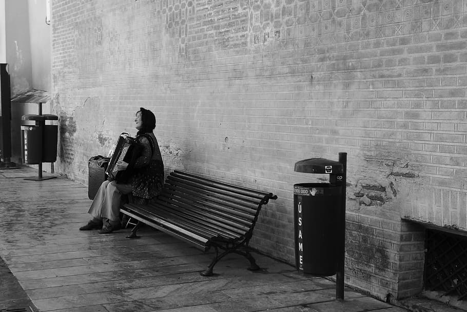 foto en escala de grises, mujer, sentado, banco, música callejera, acordeón, músicos callejeros, canto, cantante, basurero - Pxfuel