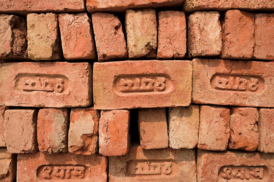 Merah, Bata, India, inskriptif, sansekerta, dinding bata, latar belakang, alfabet, tumpukan, tidak ada orang