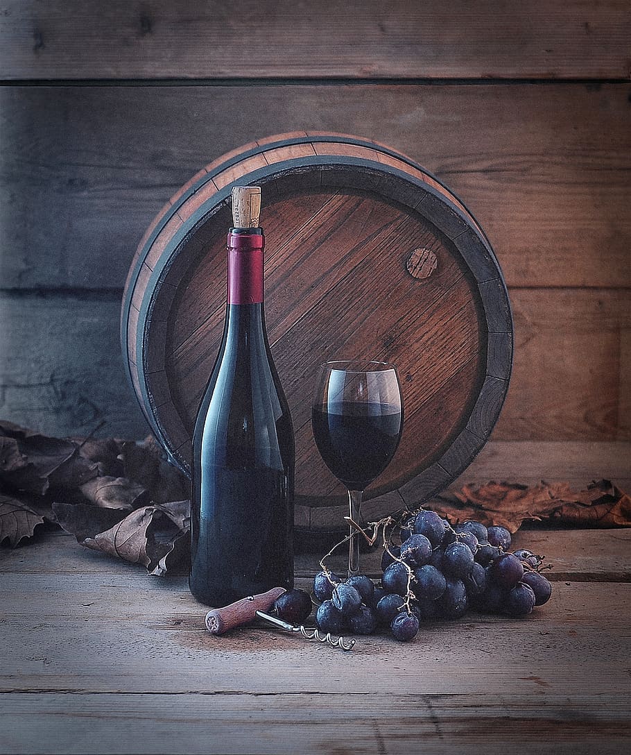 wine barrel, grapes, glass, wine bottle, food and drink, wine, alcohol, wood - material, drink, refreshment
