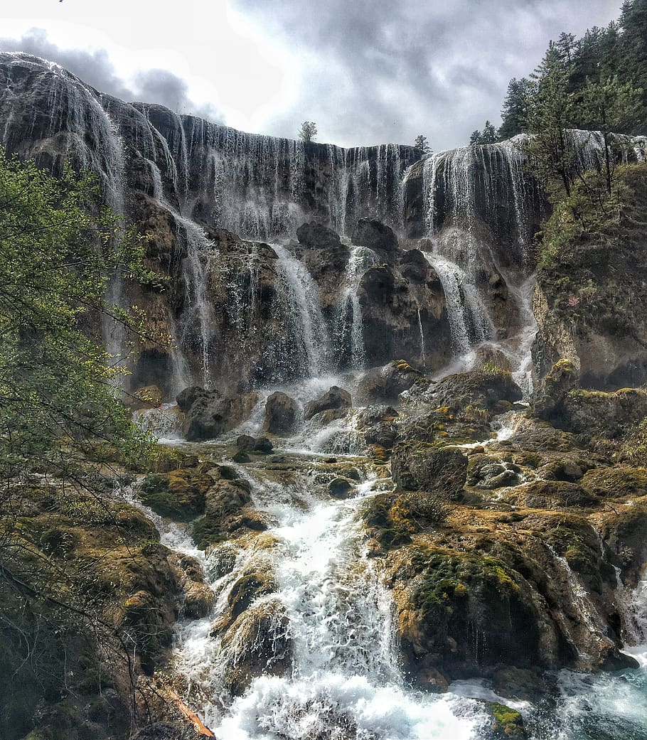 jiuzhaigou, pearl beach waterfall, journey to the west, waterfall, scenics - nature, beauty in nature, water, flowing water, motion, long exposure