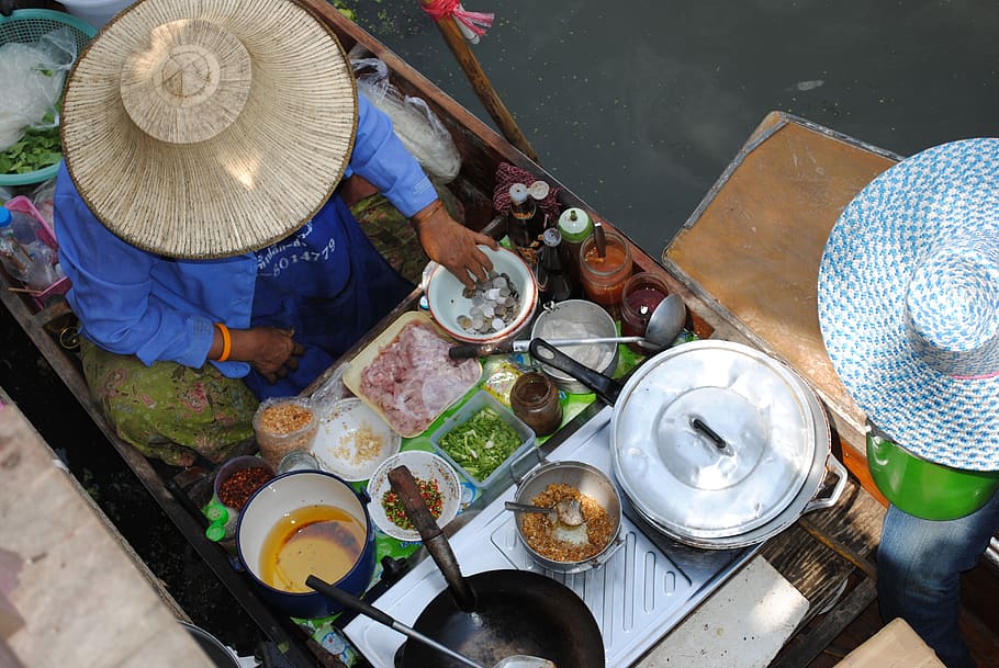 warung makan, thailand, makanan jalanan, pasar, makan, makanan dan minuman, makanan, topi, orang sungguhan, tampilan sudut tinggi