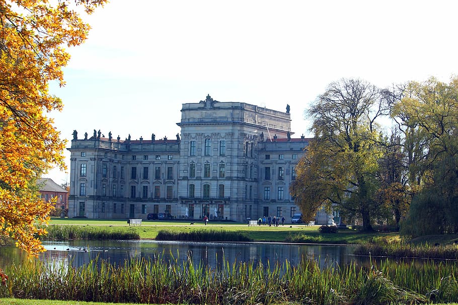 ludwigslust-parchim, castle park, castle, pond, autumn, barockschloss, schlossgarten, park, plant, building exterior