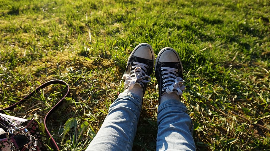 person, wearing, pair, black, low-top sneakers, converse, converse all star, grass, light, old shoes