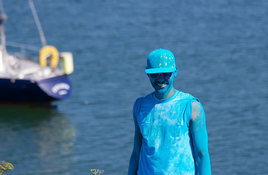 man, covered, blue, paint, standing, sea, wearing, shirt, body, young