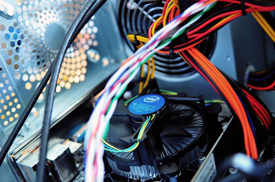 black, gray, intel computer heatsink, fan close-up photo, computer, fan, wires, parts, inside, technology