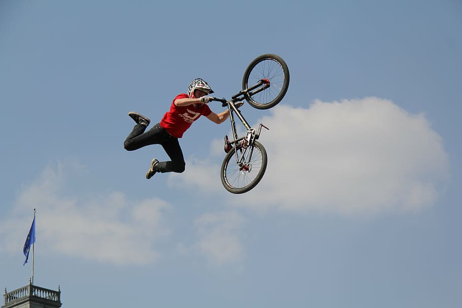 homem, truques, bicicleta bmx, meio do ar, dia, bicicleta, esporte, mountainbiker, viena, ar