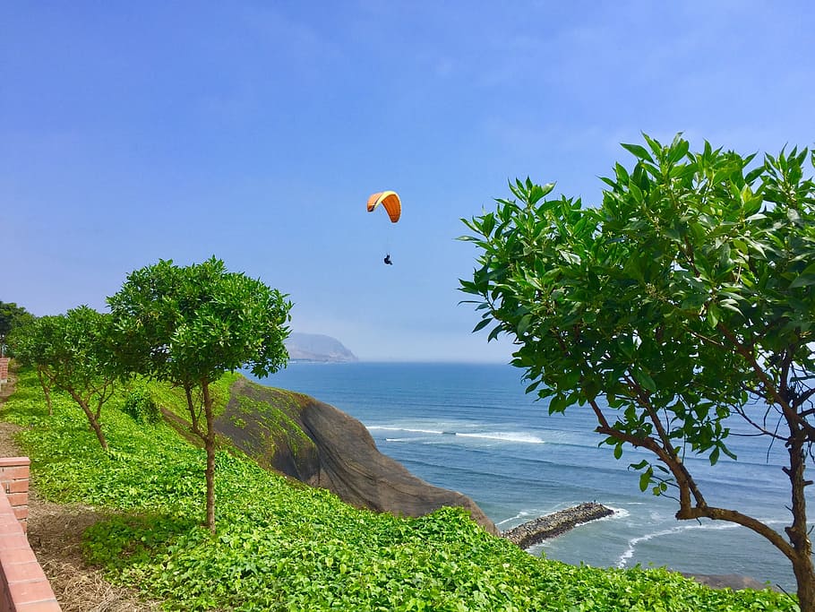 person, riding, parachute, trees, ocean, daytime, Lima, Peru, Paragliding, Miraflores, lima