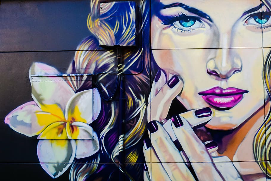 woman, plumeria flower painting, femme fatale, graffiti, wall, paint ...