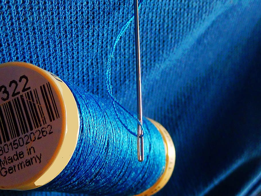 closeup, blue, thread, needle, tread, yarn, bobbin, sewing thread, sew, haberdashery