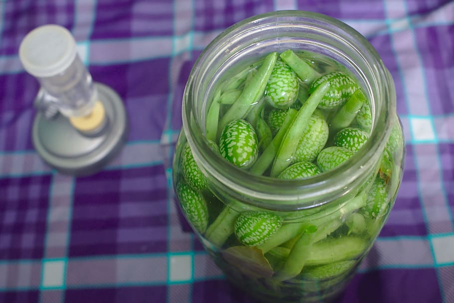 green, vegetables, clear, glass jar, lacto-fermentation, pickling, homemade pickles, brine, canning, gherkins