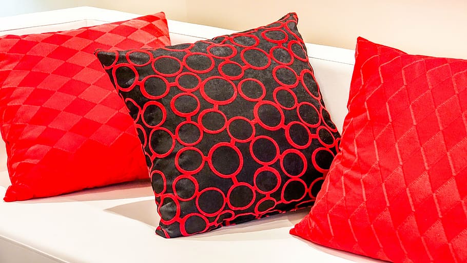 three, red, throw, pillows, white, sofa, pillow, cozy, furniture, seat cushions