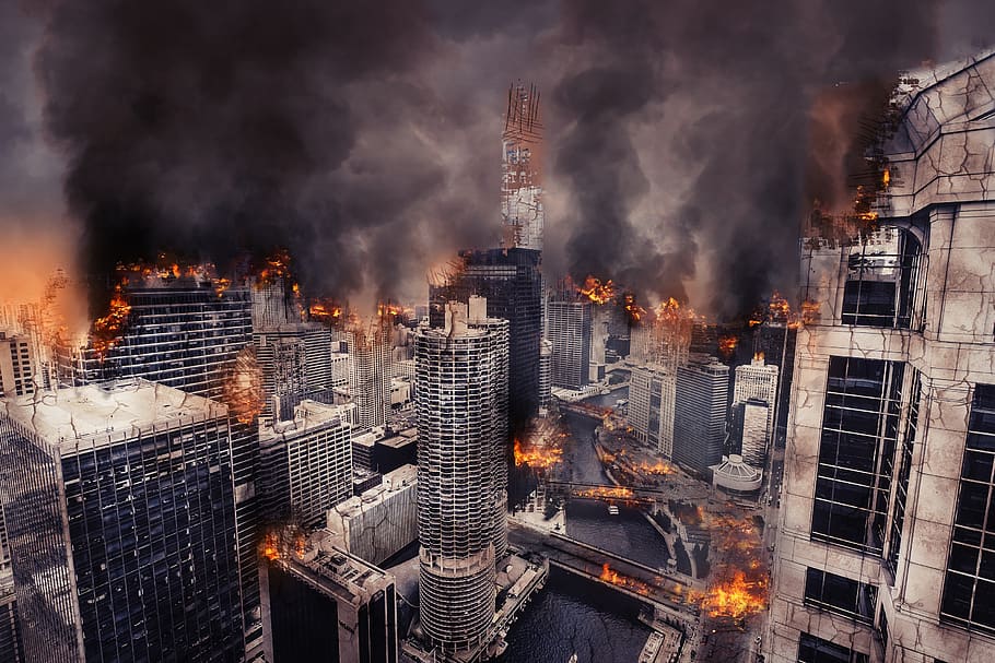 apocalypse, war, destruction, damage, fire, smoke, burning, disaster, city, buildings