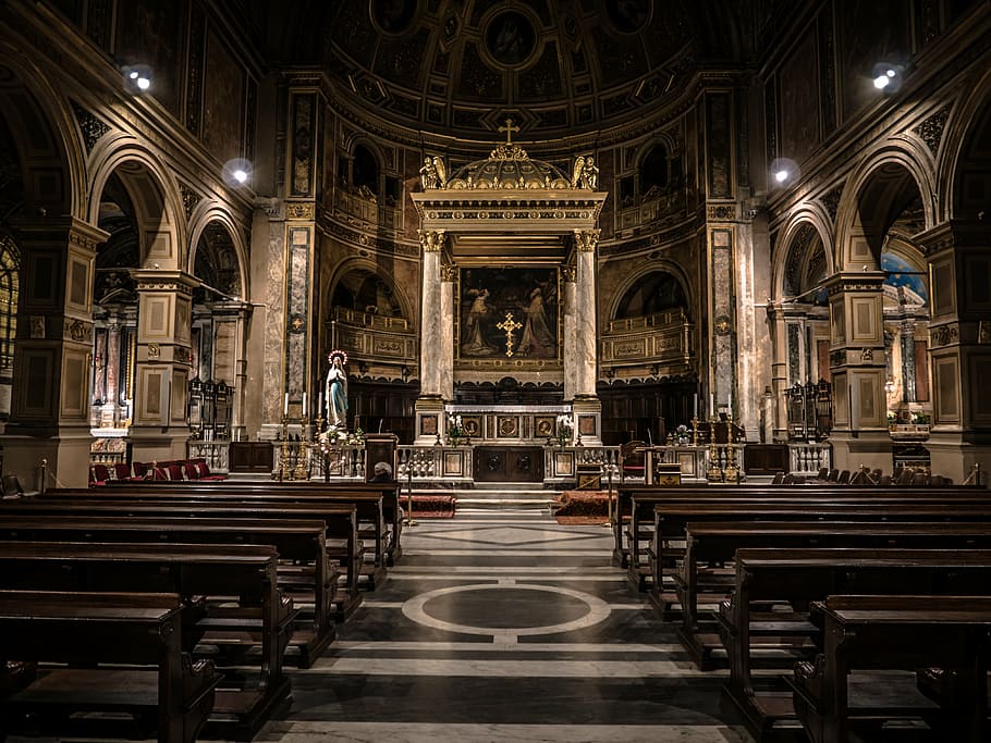 cathedral setup, low, light, church, interior, architecture, building, structure, chairs, altar