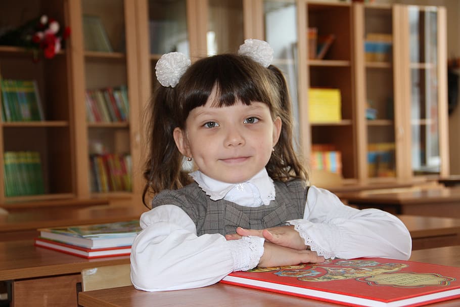 smiling, girl, sitting, inside, library, schoolgirl, baby, study, first day, school