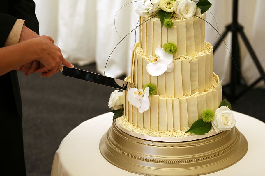3-layer, 3- layer fondant cake, white, table, affair, anniversary, attractive, banquet, beautiful, birthday