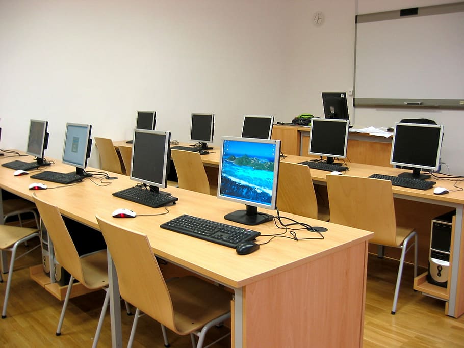 computador desktop, de madeira, mesa, Sala de aula, Computador, Aprendendo, estudar, elearning, estudo, educação