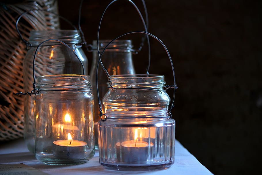 four, jars, lighted, tealights, candlelight, lantern, vintage, love, burning, decoration