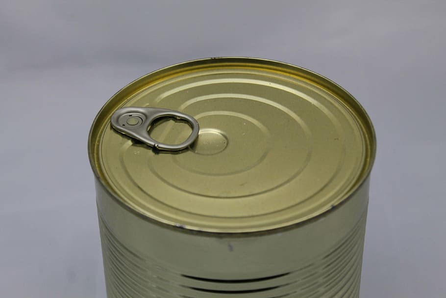 etiqueta cinza lata, lata, conservas, ensopado, ouro, sopa, feito, rifle, folha, abridor de latas