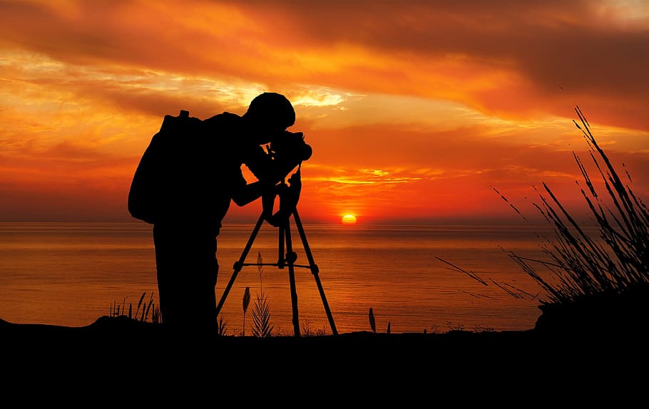 silhouette, man, taking, sunset, photographer, camera, tripod, sun, black, sky
