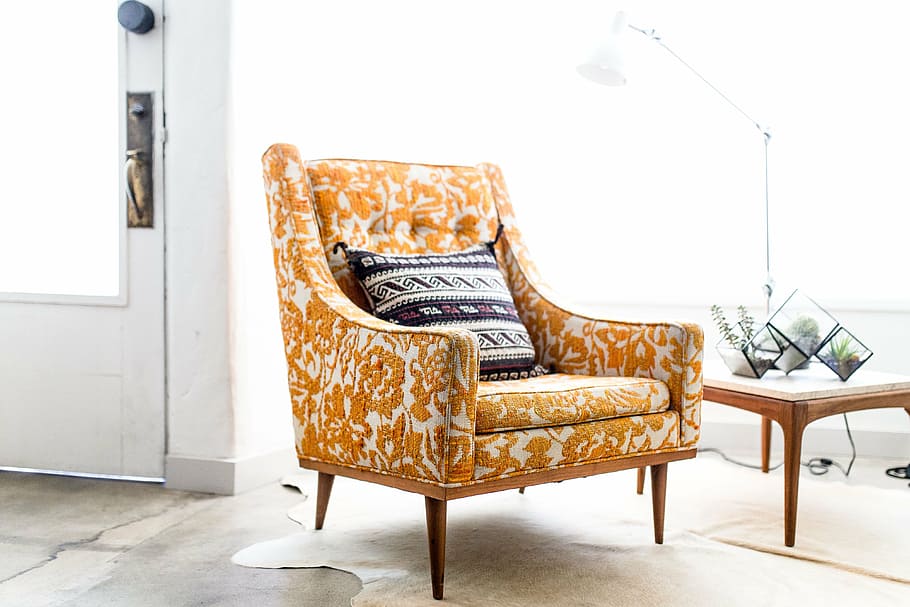 yellow, white, floral, sofa chair, door, house, interior, couch, sofa, pillow