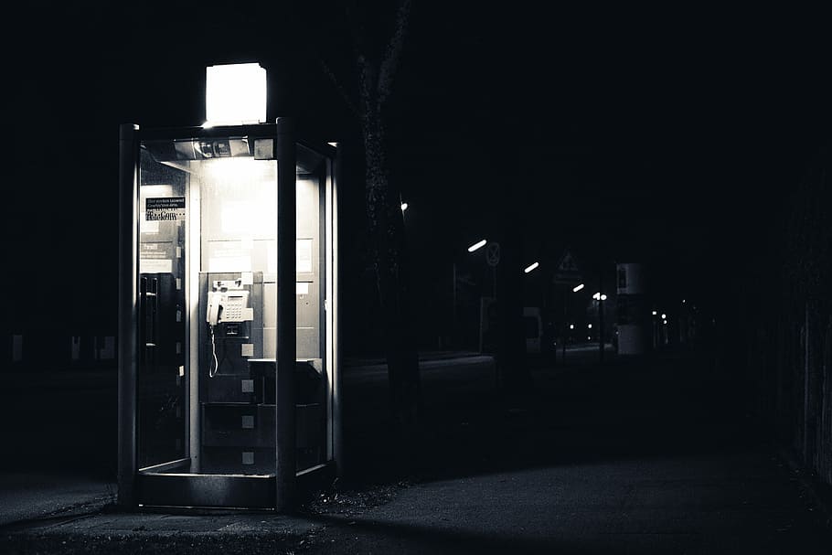 Night, Telephone, Outdoors, Phone, urban, city, booth, cell, dark, black and white
