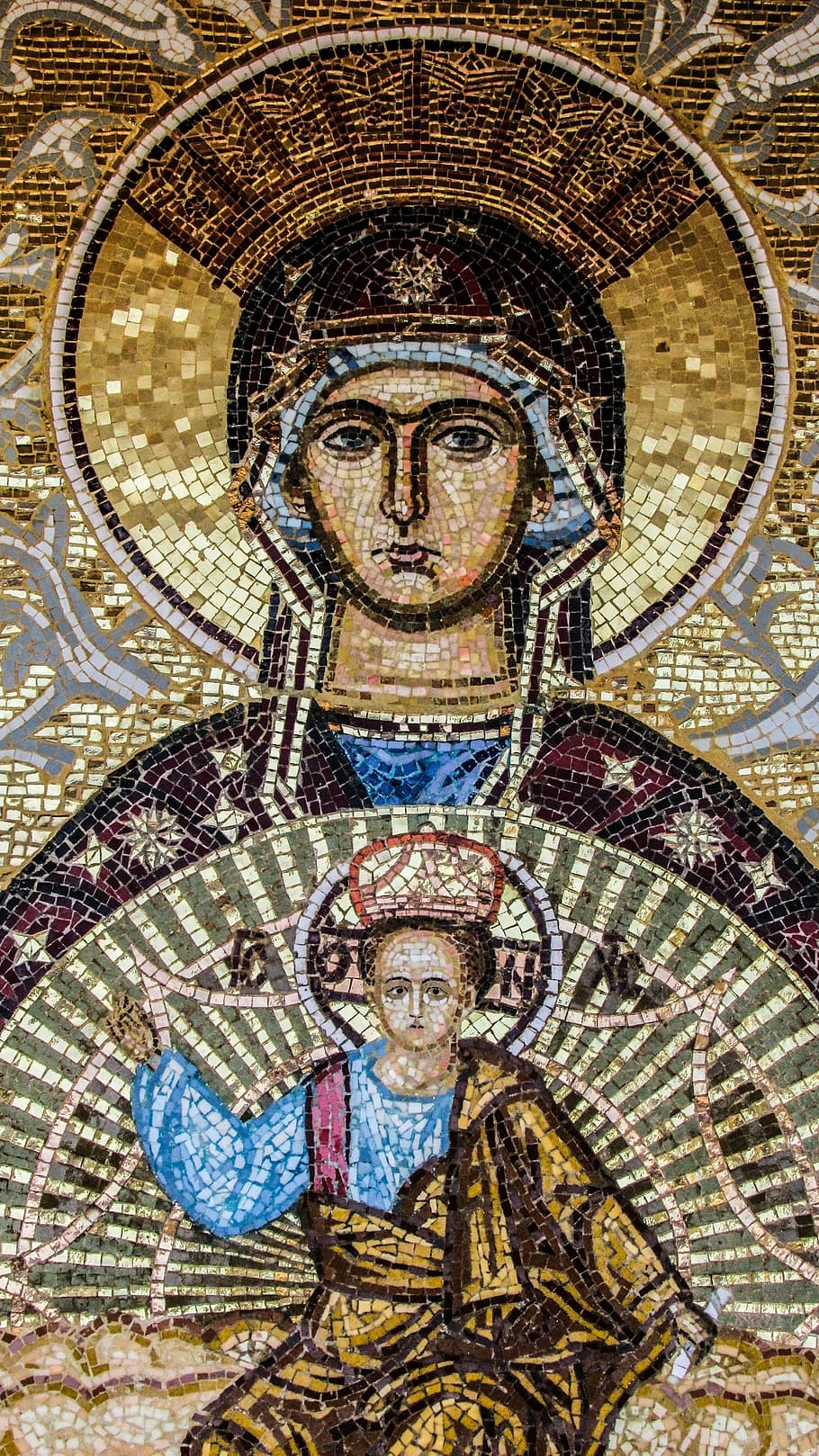 mosaic, ayia napa, virgin mary, cyprus, art and craft, representation, human representation, creativity, religion, male likeness