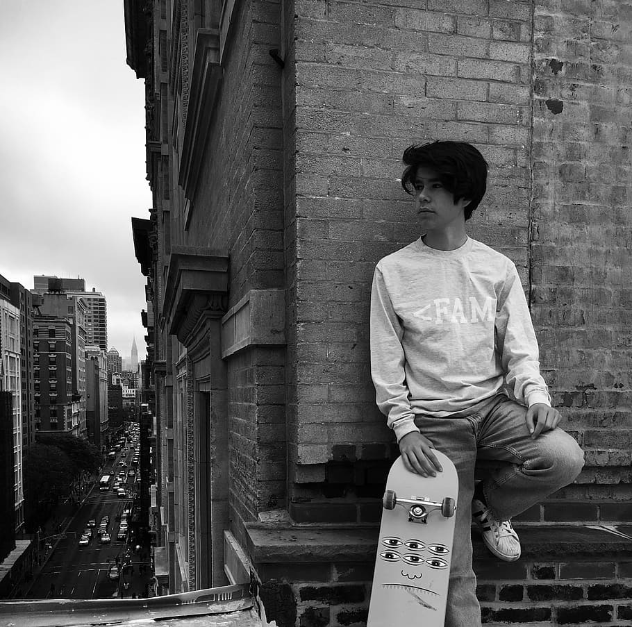 man, leaning, wall, holding, skateboard, new york, clothing, label, fashion, new